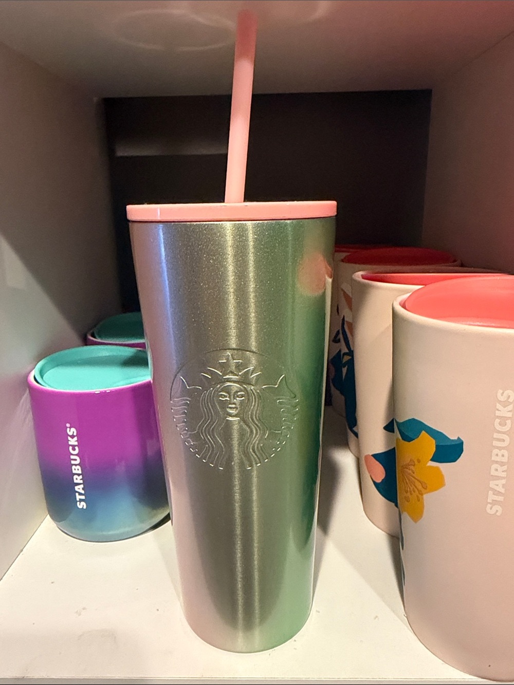 Starbucks Iridescent Green-Silver Tumbler with Pink Lid and Straw